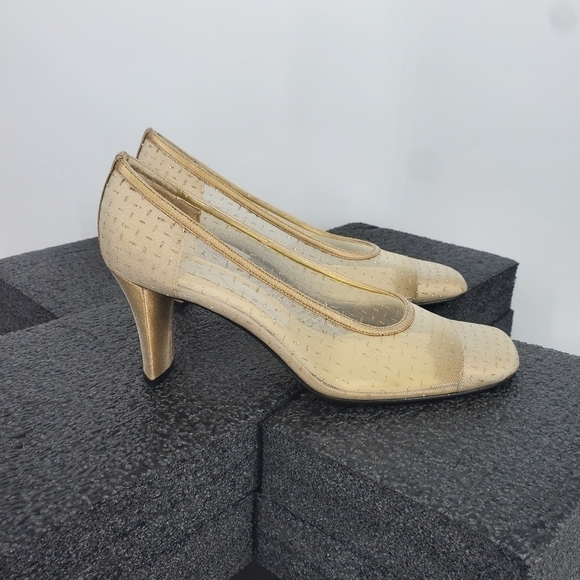 Nina Heel Pumps Wedding Shoes Size 7M Vintage WOMENS Gold Sparkle Mesh - Picture 8 of 13